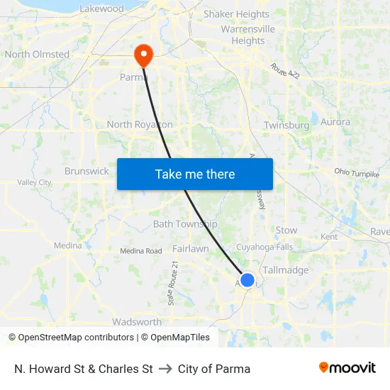 N. Howard St & Charles St to City of Parma map