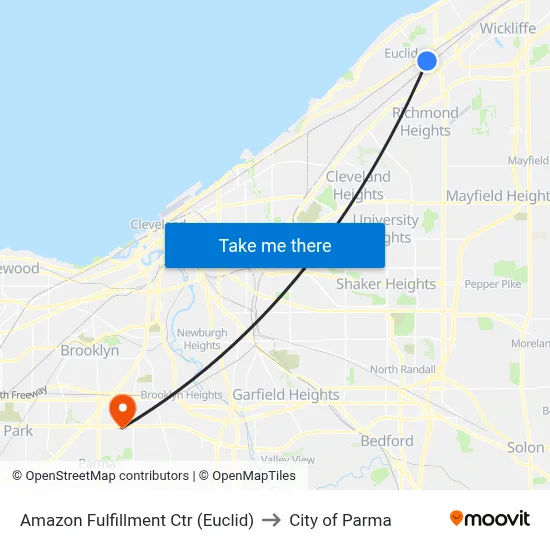 Amazon Fulfillment Ctr (Euclid) to City of Parma map