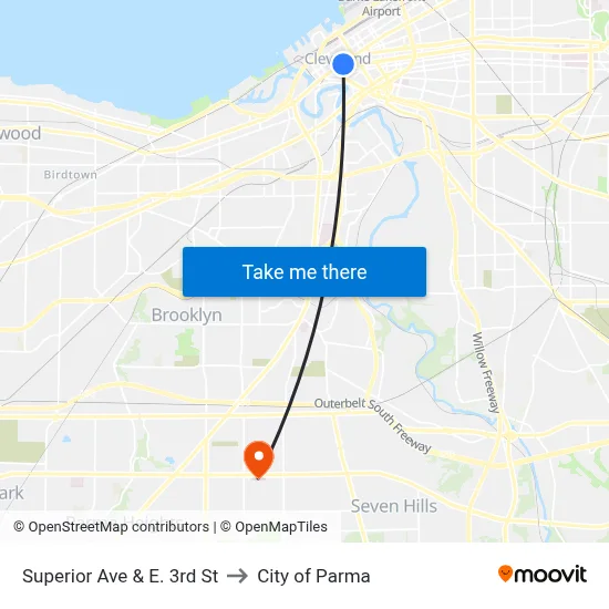 Superior Ave & E. 3rd St to City of Parma map