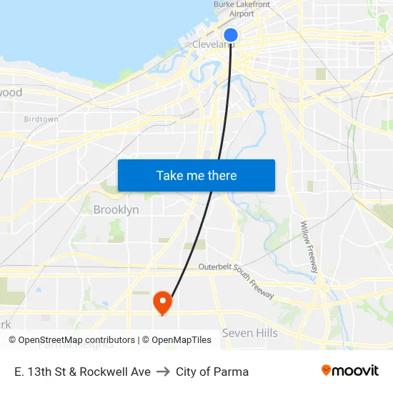 E. 13th St & Rockwell Ave to City of Parma map