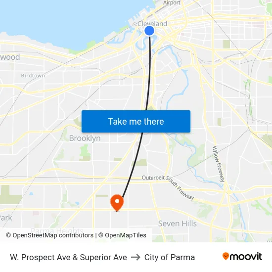 W. Prospect Ave  & Superior Ave to City of Parma map