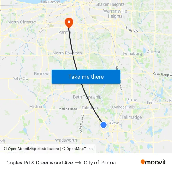 Copley Rd & Greenwood Ave to City of Parma map