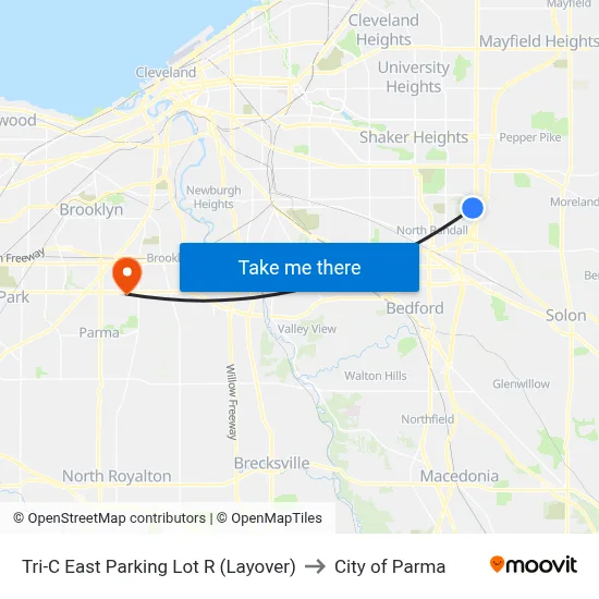 Tri-C East Parking Lot R (Layover) to City of Parma map