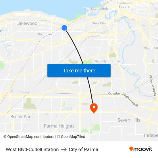 West Blvd-Cudell Station to City of Parma map