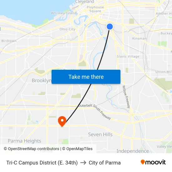 Tri-C Campus District (E. 34th) to City of Parma map