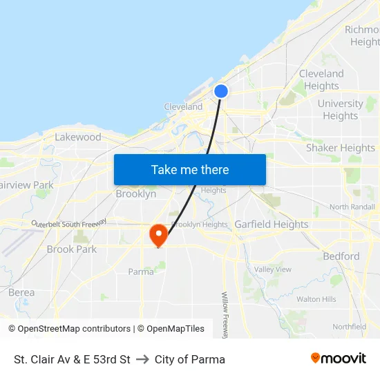 St. Clair Av & E 53rd St to City of Parma map