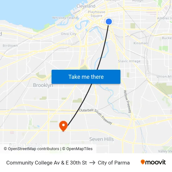 Community College Av & E 30th St to City of Parma map