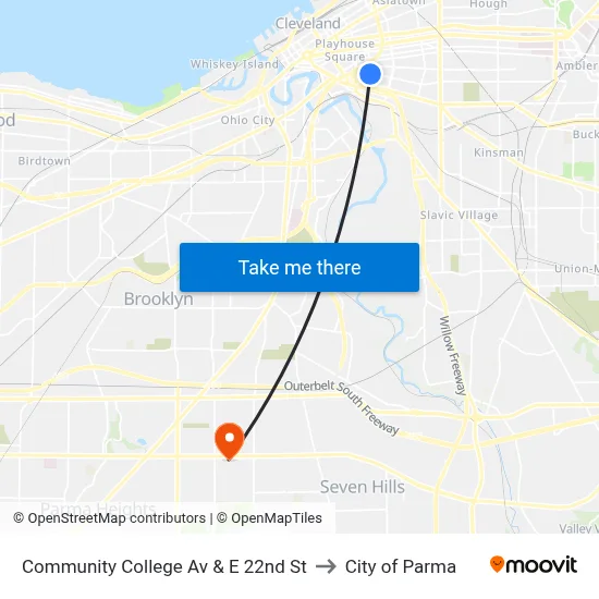 Community College Av & E 22nd St to City of Parma map
