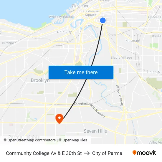 Community College Av & E 30th St to City of Parma map