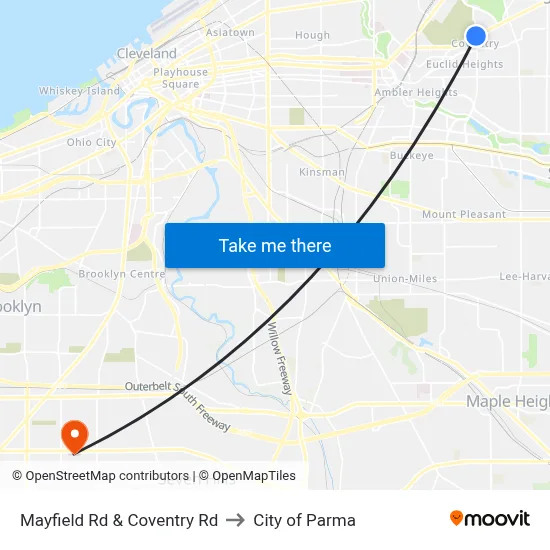 Mayfield Rd & Coventry Rd to City of Parma map