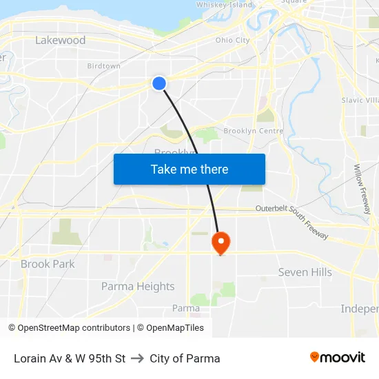 Lorain Av & W 95th St to City of Parma map