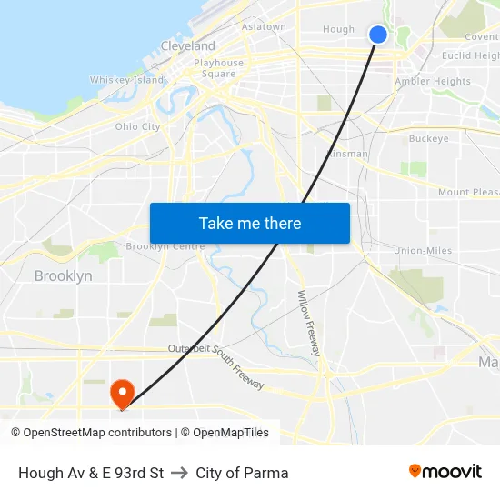 Hough Av & E 93rd St to City of Parma map