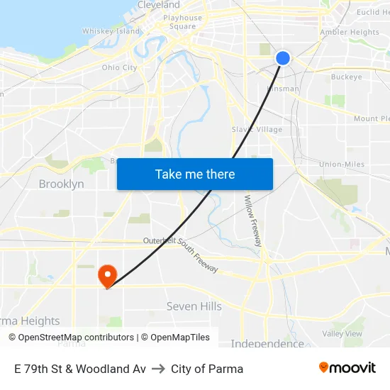 E 79th St & Woodland Av to City of Parma map