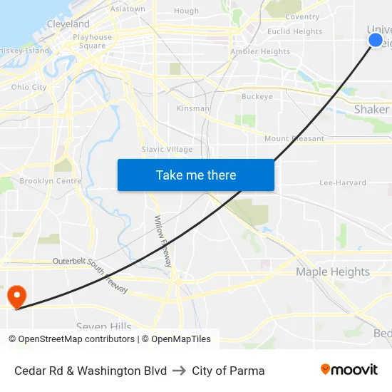 Cedar Rd & Washington Blvd to City of Parma map