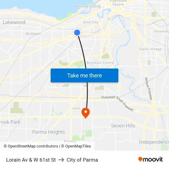 Lorain Av & W 61st St to City of Parma map