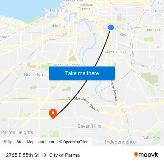 2765 E 55th St to City of Parma map