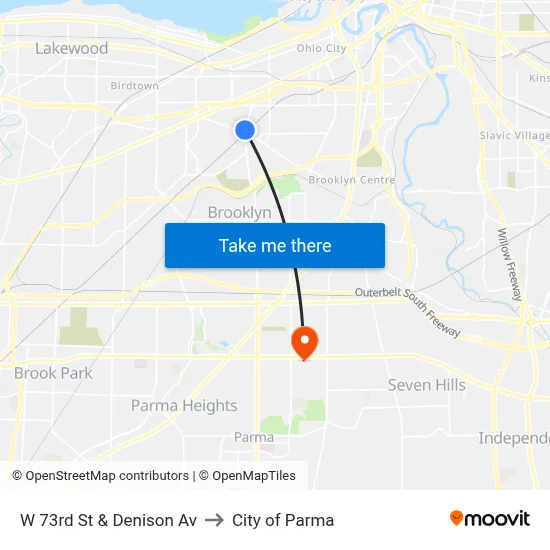 W 73rd St & Denison Av to City of Parma map