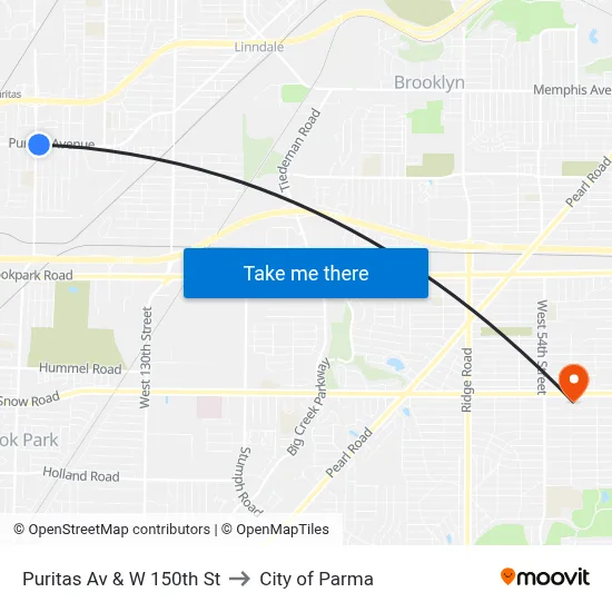 Puritas Av & W 150th St to City of Parma map