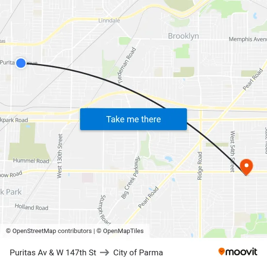 Puritas Av & W 147th St to City of Parma map