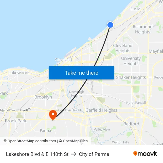 Lakeshore Blvd & E 140th St to City of Parma map