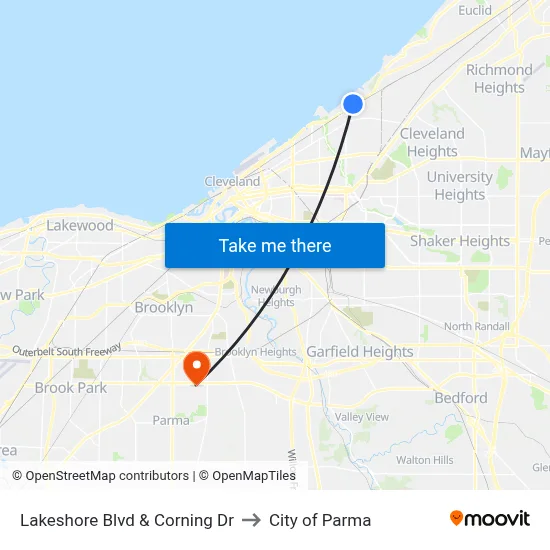 Lakeshore Blvd & Corning Dr to City of Parma map