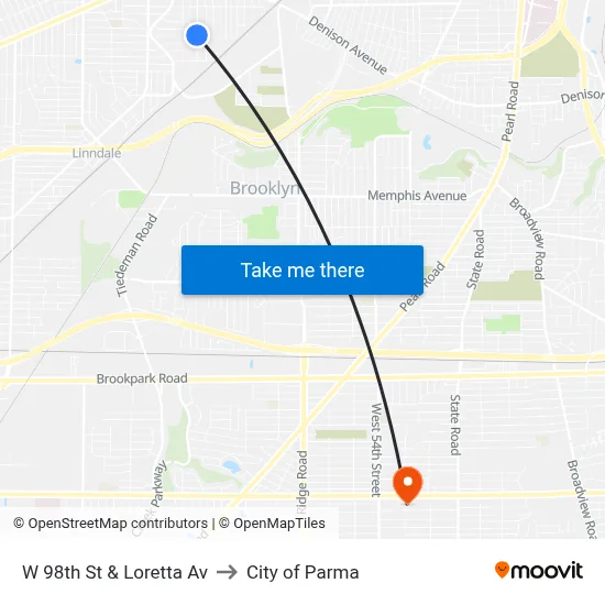 W 98th St & Loretta Av to City of Parma map