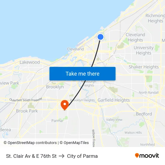 St. Clair Av & E 76th St to City of Parma map