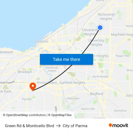 Green Rd & Monticello Blvd to City of Parma map