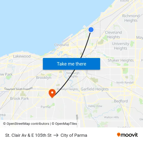 St. Clair Av & E 105th St to City of Parma map