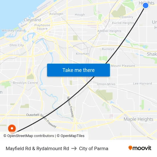 Mayfield Rd & Rydalmount Rd to City of Parma map