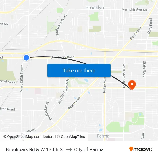 Brookpark Rd & W 130th St to City of Parma map