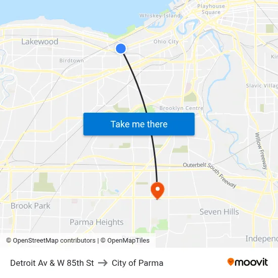 Detroit Av & W 85th St to City of Parma map