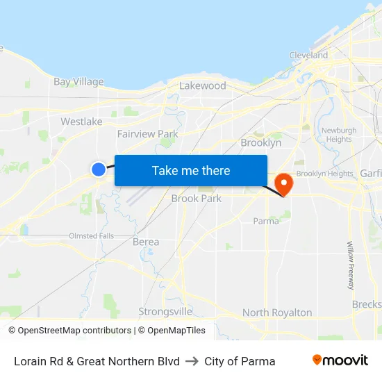 Lorain Rd & Great Northern Blvd to City of Parma map