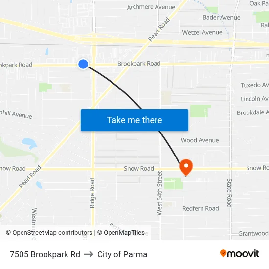 7505 Brookpark Rd to City of Parma map