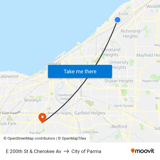 E 200th St & Cherokee Av to City of Parma map