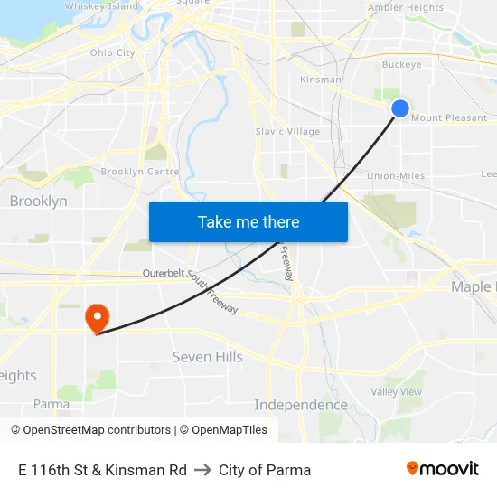 E 116th St & Kinsman Rd to City of Parma map