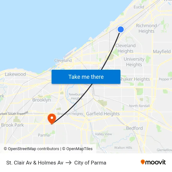 St. Clair Av & Holmes Av to City of Parma map