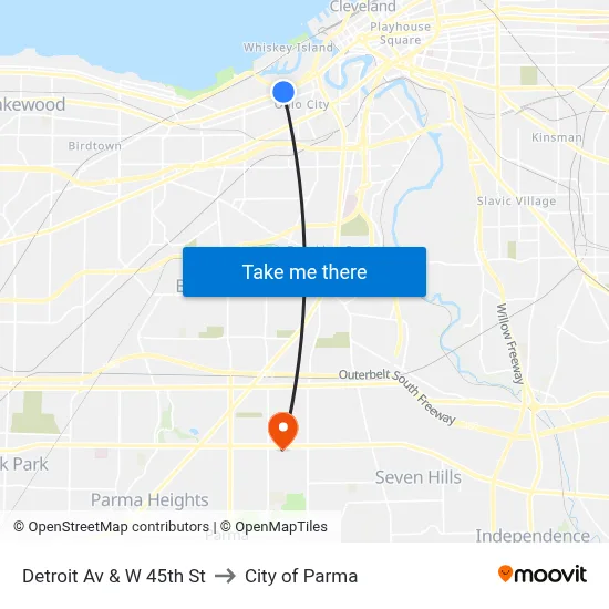 Detroit Av & W 45th St to City of Parma map