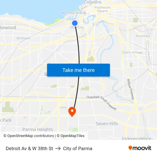 Detroit Av & W 38th St to City of Parma map