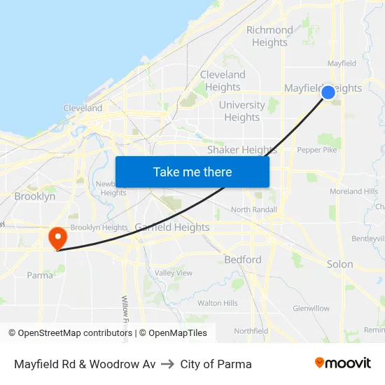 Mayfield Rd & Woodrow Av to City of Parma map