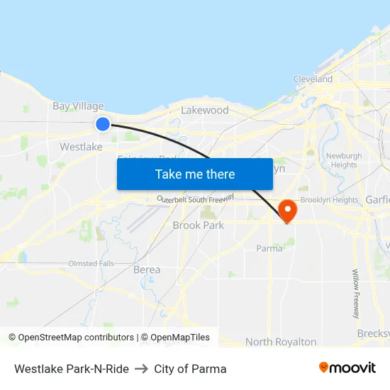 Westlake Park-N-Ride to City of Parma map