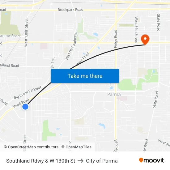 Southland Rdwy & W 130th St to City of Parma map