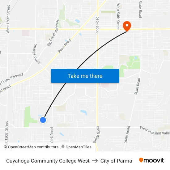 Cuyahoga Community College West to City of Parma map