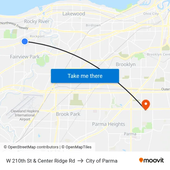 W 210th St & Center Ridge Rd to City of Parma map