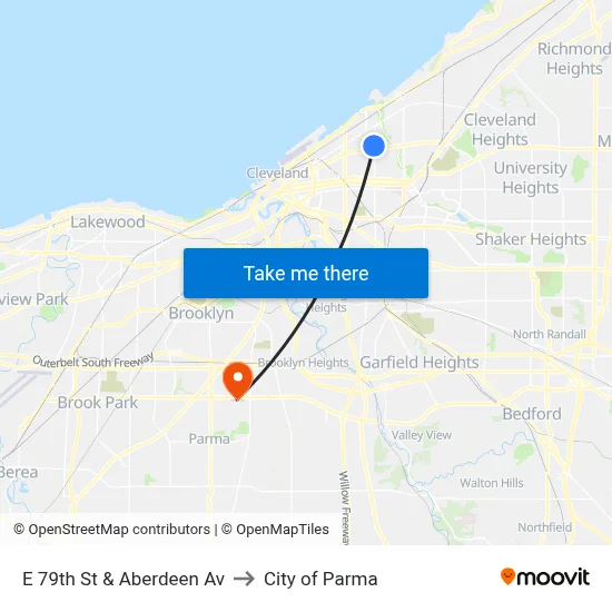 E 79th St & Aberdeen Av to City of Parma map
