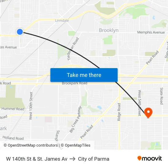 W 140th St & St. James Av to City of Parma map