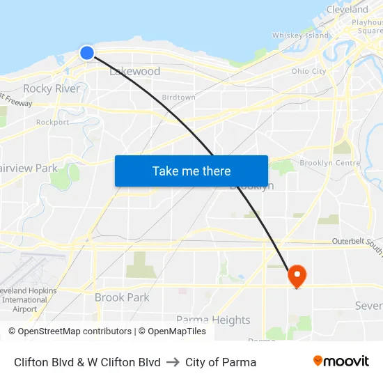 Clifton Blvd & W Clifton Blvd to City of Parma map