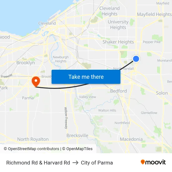 Richmond Rd & Harvard Rd to City of Parma map