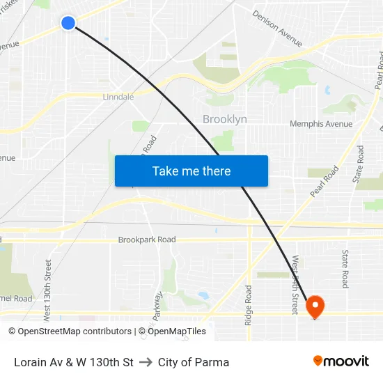 Lorain Av & W 130th St to City of Parma map