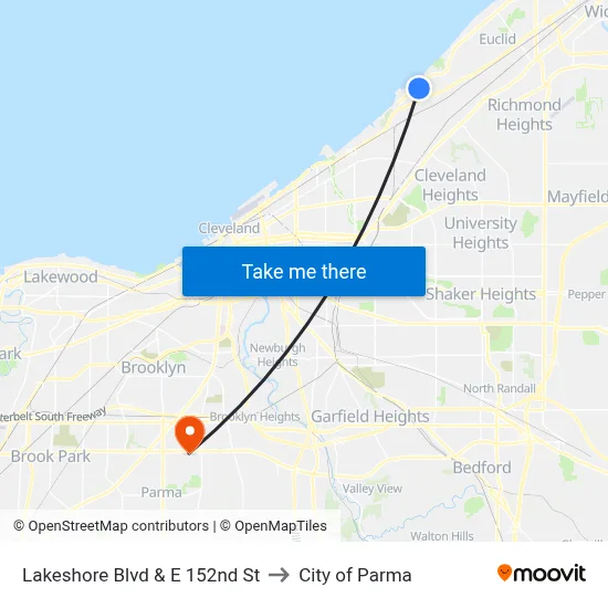 Lakeshore Blvd & E 152nd St to City of Parma map